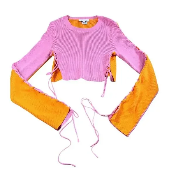 ButterMelon Pink and Orange Lace Up Sweater Size Small Ribbed Crop Top Fashion - Picture 12 of 12